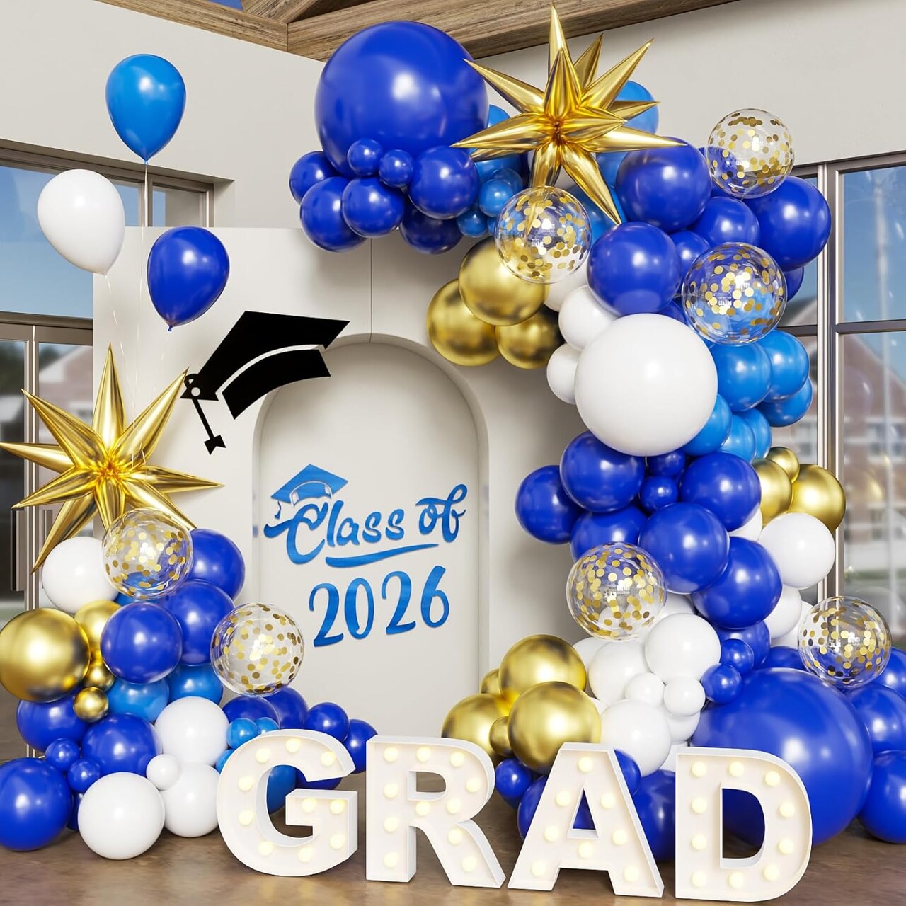 130Pcs Blue White and Gold Graduation Balloon Arch Kit - Class of 2026 Garland with Star Foils & Confetti Balloons - Navy and Gold Party Decorations for College, High School & Nursing School